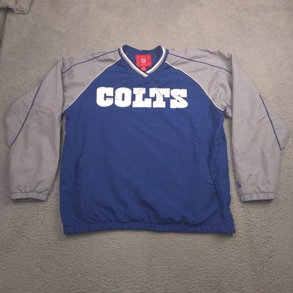 NFL Colts Pullover Jacket Mens‎ Large Blue Gray Lined V Neck Windbreaker Vintage